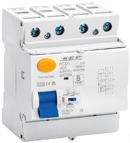 SEP 40A Type B aardlekschakelaar 3P+N (500mA) RCD1-4B-04050