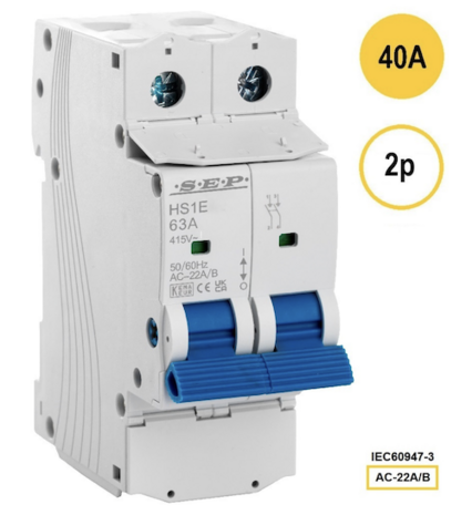 SEP HS1E Hoofdschakelaar 2 polig 40A - AC22-A/B - blauw