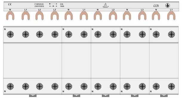Kamrail 12 modules Vork - 3 fase (1x 3P+N - 4x 1P+N BOVEN) 10mm²