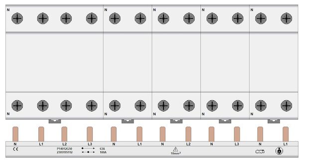 Kamrail 12 modules PIN - 3 fase (1x 3P+N - 4x 1P+N Onder) 10mm²