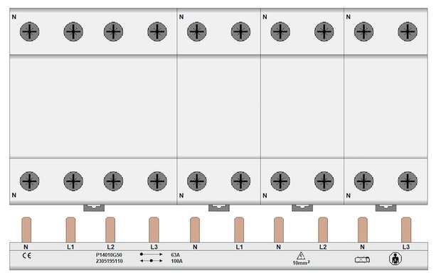 Kamrail 10 modules PIN - 3 fase (1x 3P+N - 3x 1P+N Onder) 10mm²