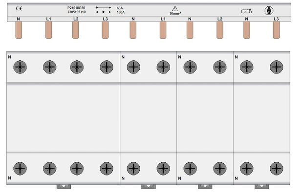 Kamrail 10 modules PIN - 3 fase (1x 3P+N - 3x 1P+N Boven) 10mm²