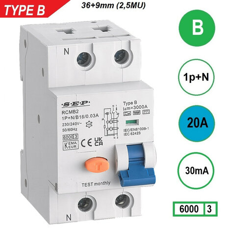 SEP B20 Type B aardlekautomaat 1P+N (30mA)