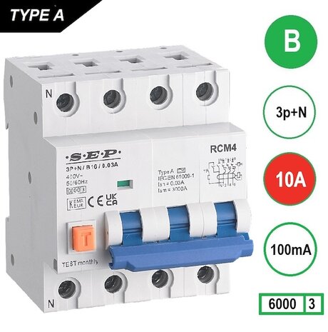 SEP B10 aardlek automaat 3P+N (100mA) 6kA