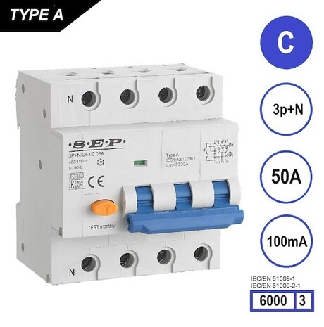 SEP C50 aardlek automaat 3P+N (100mA) 6kA