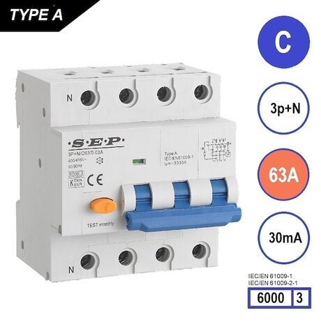 SEP C63 aardlek automaat 3P+N (30mA) 6kA