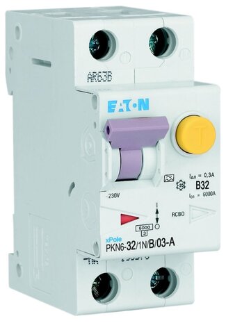 Eaton Aardlekautomaat B32 Alamat 300mA - 2 Polig (1P+N) - 300mA / 32 Ampére / B-karakteristiek - 236729 - PKN6-32/1N/B/03-A-MW