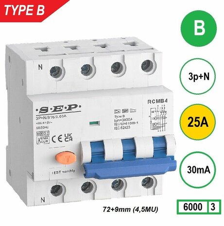 SEP RCMB 4B25.03 Aardlekautomaat Type B, 3p+n B25 30mA 6kA