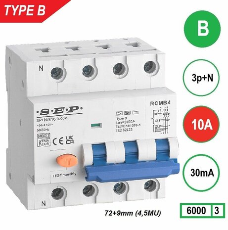 SEP RCMB Aardlekaut. Type B, 3p+n B10 30mA 6kA (81mm)