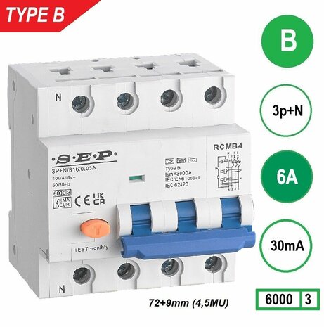 SEP RCMB Aardlekaut. Type B, 3p+n B6 30mA 6kA (81mm)