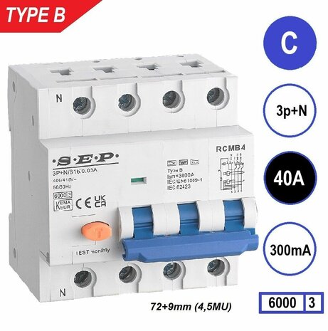 SEP RCMB Aardlekaut. Type B, 3p+n C40 300mA 6kA (81mm)