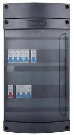 SEP Live-On Compact 1-fase 40A groepenkast met aardlekautomaten.Voorzien van 5-lichtgroepen en fornuisgroep. Uitgevoerd in comp