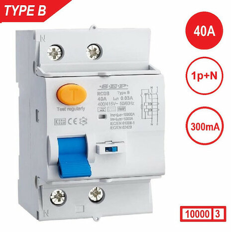 Type B Aardlekschakelaar 40A - 300mA / 2 Polig (SEP) - 123GroepenKast.nl